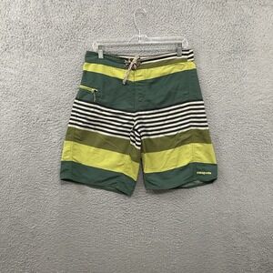 Patagonia Shorts Mens 31 Green Striped Board Shorts Swim Trunks Drawstring Adult